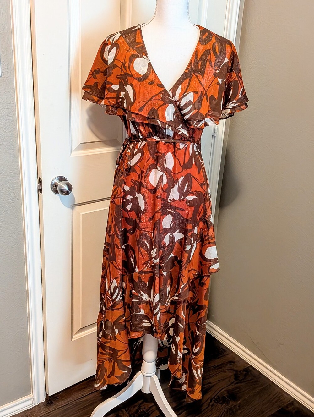 Calvin Klein Orange Brown Floral Faux High-Low Wrap Dress